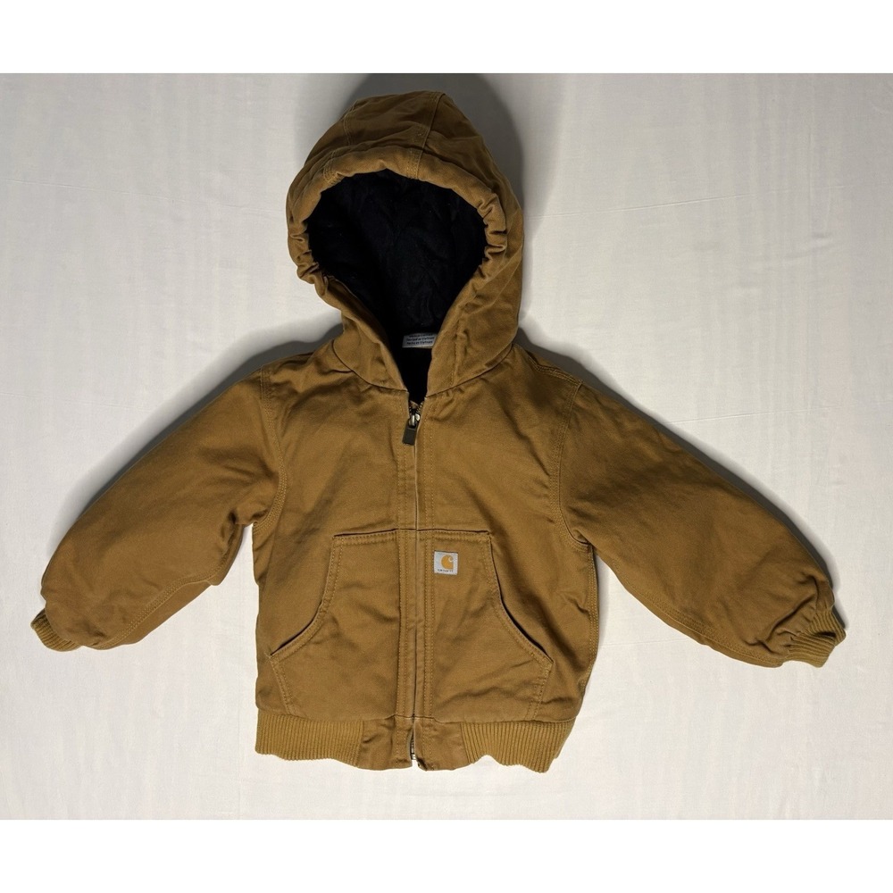 Carhartt Hooded Jacket Boys Size 3T Brown Canvas Insulated Quilt Lined Full Zip